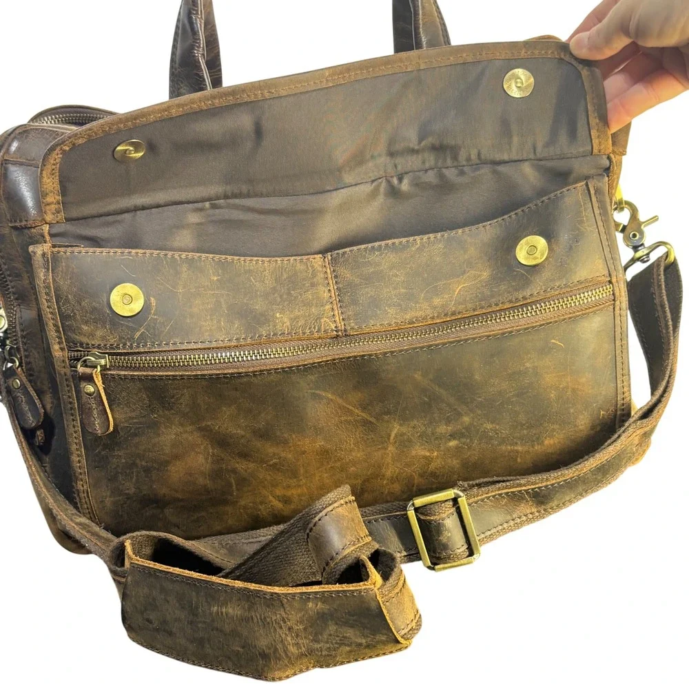 Vintage Leather Crossbody Commuter Bag Briefcase Brown Distressed Mens Large